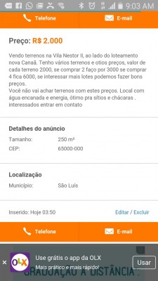 Anúncio oferecendo terreno na invasão 