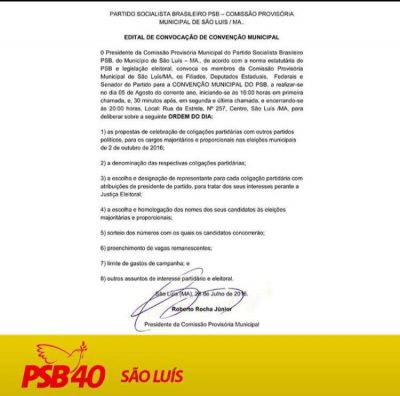 Nota de convocação da Convenção do PSB São Luís